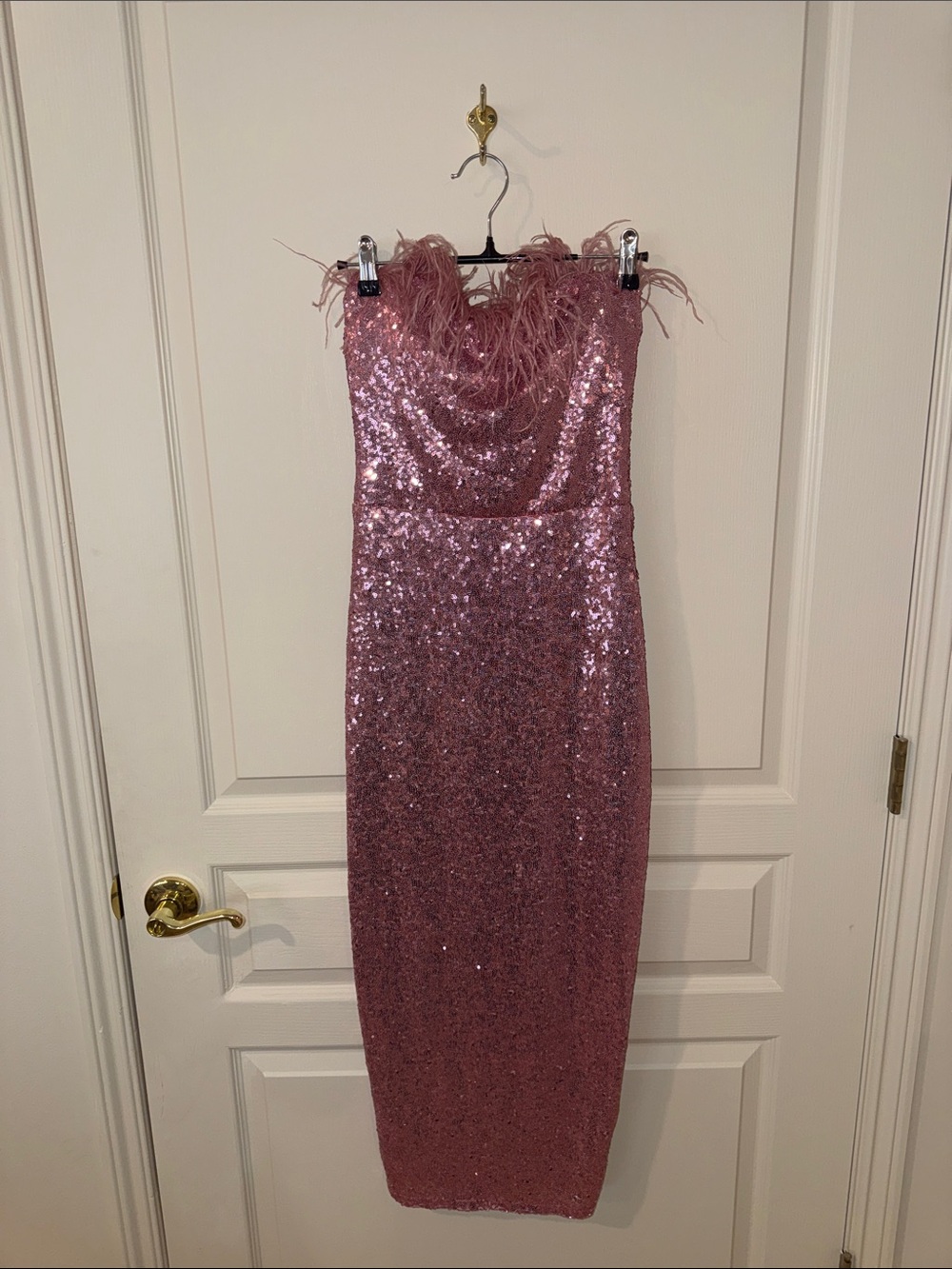 Windsor Strapless Sequin Midi Dress with Feather Trim - Rose Pink